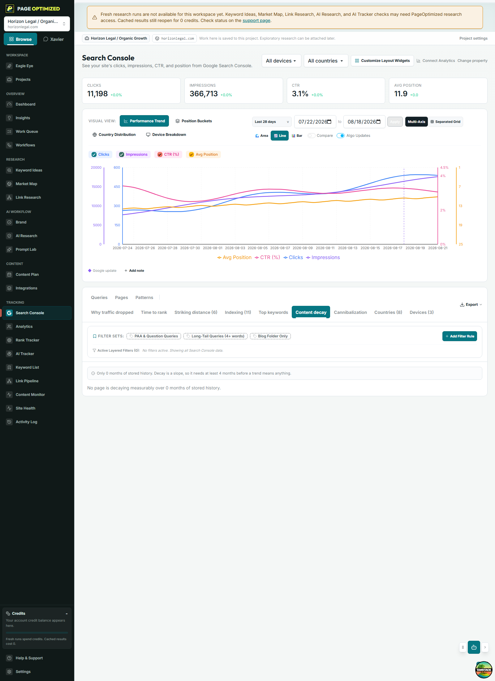 PageOptimized Search Console decay view showing declining pages and query evidence.