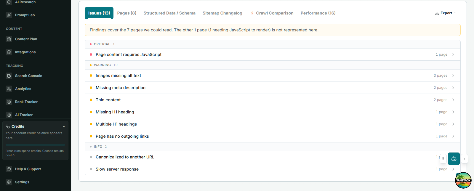 PageOptimized Site Health issues tab showing technical SEO findings grouped by severity and affected pages.