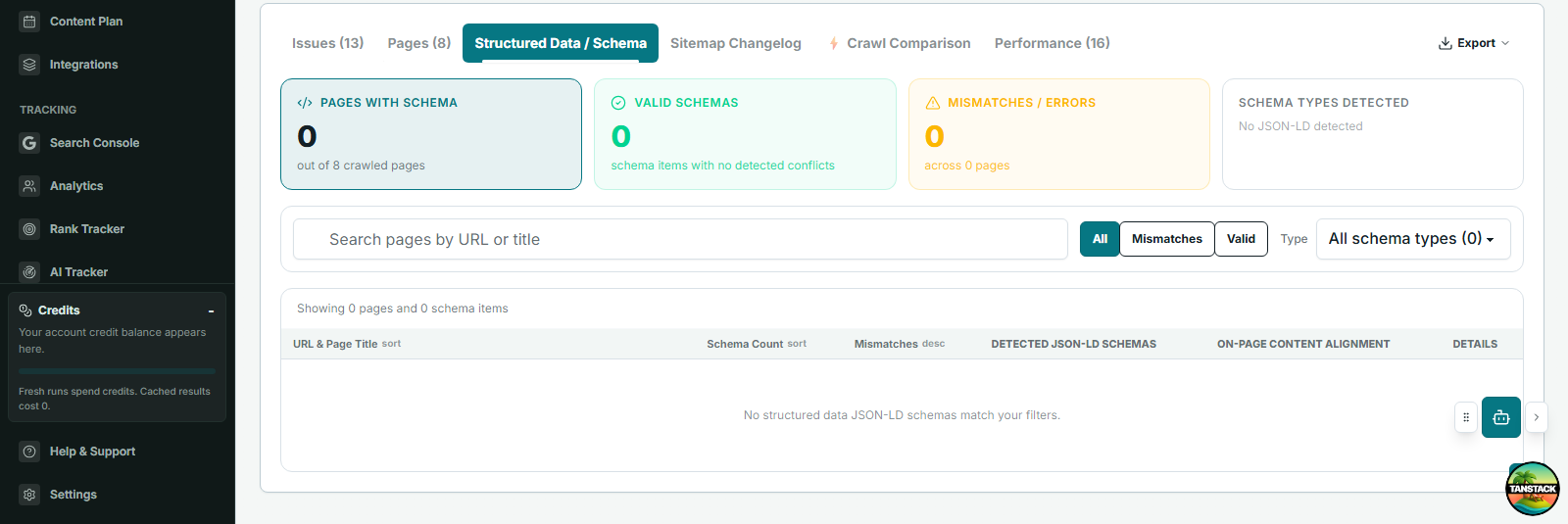 PageOptimized structured data audit showing detected schema types, validation status, and affected pages.